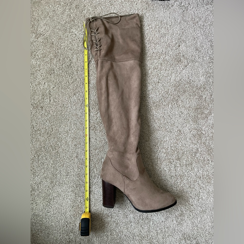 Qupid Taupe Over-the-Knee Suede Block Heel Boots - Picture 6 of 11